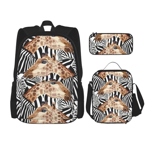 WURTON Rucksack mit Zebra- und Giraffen-Druck, für Mädchen und Jungen, Schultaschen, Teenager, Lunchbox und Federmäppchen, 3-in-1-Büchertaschen-Set von WURTON