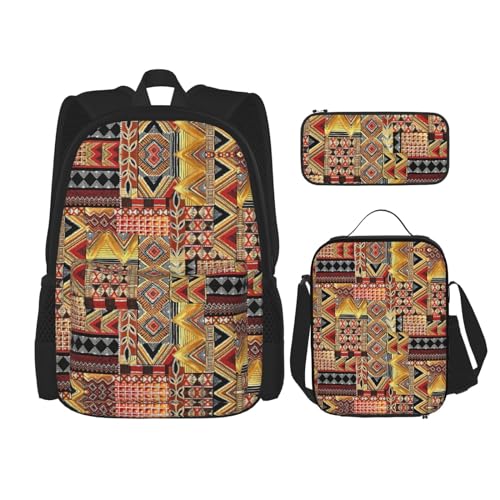 WURTON Rucksack mit afrikanischem Textil, Patchwork-Druck, für Mädchen, Jungen, Schultaschen, Teenager, Lunchbox und Federmäppchen, 3-in-1-Büchertaschen-Set von WURTON