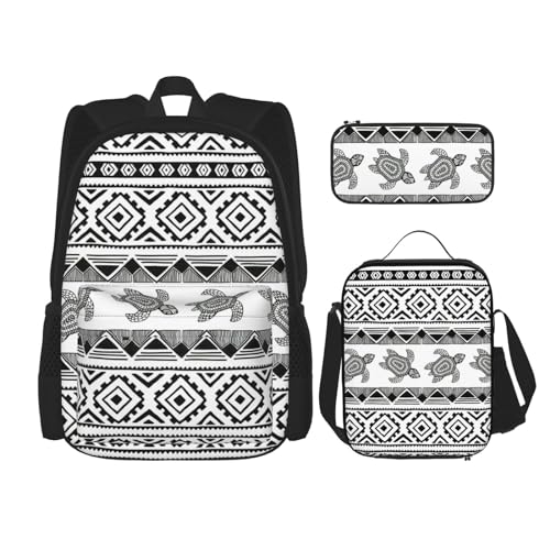 WURTON Rucksack mit ethnischem Schildkröten-Motiv, gestreift, für Mädchen und Jungen, Schultaschen, Teenager, Lunchbox und Federmäppchen, 3-in-1-Büchertaschen-Set von WURTON