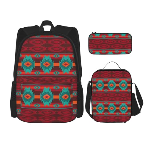 WURTON Rucksack mit ethnischem geometrischem Muster, für Mädchen, Jungen, Schultaschen, Teenager, Lunchbox und Federmäppchen, 3-in-1-Büchertaschen-Set von WURTON
