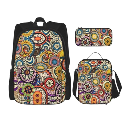 WURTON Rucksack mit ethnischen Kreisen, Blumenmuster, für Mädchen und Jungen, Schultaschen, Teenager, Lunchbox und Federmäppchen, 3-in-1-Büchertaschen-Set von WURTON