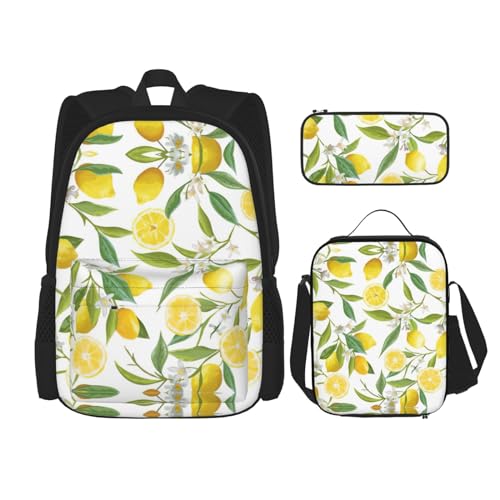 WURTON Rucksack mit frischen tropischen Zitronen-Aufdruck, für Mädchen und Jungen, Schultaschen, Teenager, Lunchbox und Federmäppchen, 3-in-1-Büchertaschen-Set von WURTON