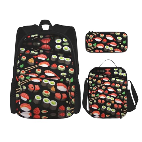 WURTON Rucksack mit japanischem Sushi-Garnelen-Druck, für Mädchen und Jungen, Schultaschen, Teenager, Lunchbox und Federmäppchen, 3-in-1-Büchertaschen-Set von WURTON