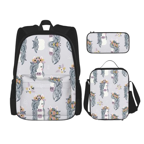 WURTON Rucksack mit niedlichem Pferde-Aufdruck, für Mädchen und Jungen, Schultaschen, Teenager, Lunchbox und Federmäppchen, 3-in-1-Büchertaschen-Set von WURTON