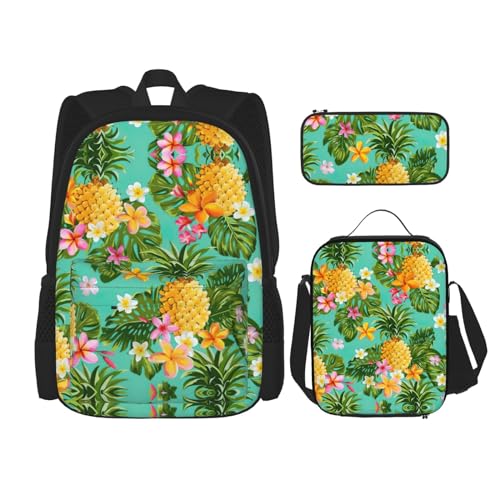 WURTON Rucksack mit tropischen Früchten, Ananas-Druck, für Mädchen und Jungen, Schultaschen, Teenager, Lunchbox und Federmäppchen, 3-in-1-Büchertaschen-Set von WURTON