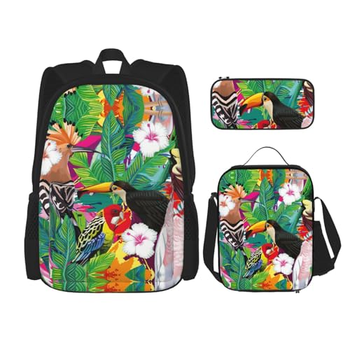 WURTON Rucksack mit tropischen Vögeln und Pflanzenblättern, für Mädchen und Jungen, Schultaschen, Teenager, Lunchbox und Federmäppchen, 3-in-1-Büchertaschen-Set von WURTON