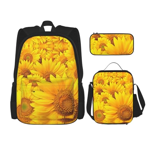 WURTON Rucksack mit vielen Sonnenblumen-Aufdruck, für Mädchen und Jungen, Schultaschen, Teenager, Lunchbox und Federmäppchen, 3-in-1-Büchertaschen-Set von WURTON