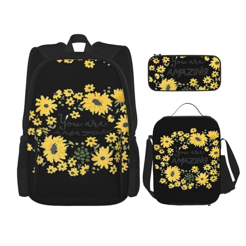 WURTON Rucksack mit wildem Gänseblümchen-Aufdruck, für Mädchen und Jungen, Schultaschen, Teenager, Lunchbox und Federmäppchen, 3-in-1-Büchertaschen-Set von WURTON