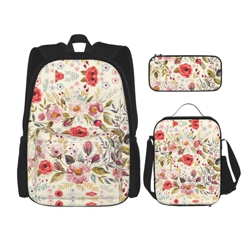 WURTON Rustikaler Rucksack mit Rosen-Motiv, für Mädchen und Jungen, Schultaschen, Lunchbox, Federmäppchen und Federmäppchen, 3-in-1-Büchertaschen-Set von WURTON