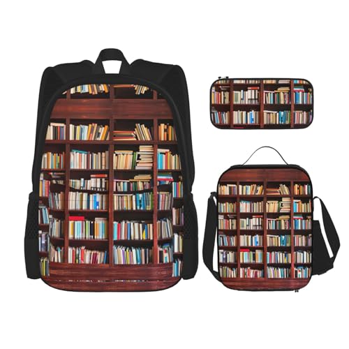 WURTON Schulrucksack mit Bücher-Druck, 3-in-1, Büchertasche, Set mit Lunchbox, Federmäppchen, Reise, Laptop, Tagesrucksack von WURTON