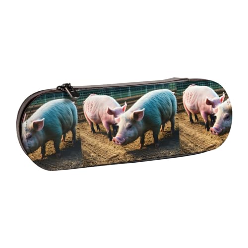 WURTON Schweine im Bauernhof Print Vintage Leder Federmäppchen - Schickes kompaktes Leder-Federmäppchen Beutel Federmäppchen von WURTON