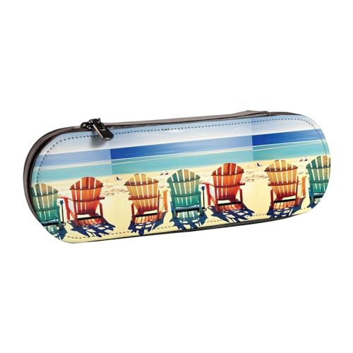 WURTON Strandszene mit Stühlen Druck Vintage Leder Federmäppchen - Schickes kompaktes Leder-Federmäppchen Tasche Federmäppchen von WURTON