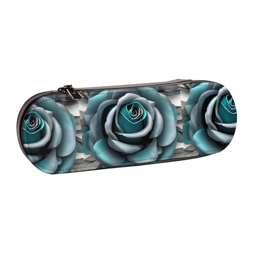 WURTON Stylisches Federmäppchen aus Leder, Blaugrün, Grau, Rosenmuster, kompakt und vielseitig, Stifteetui aus Leder von WURTON