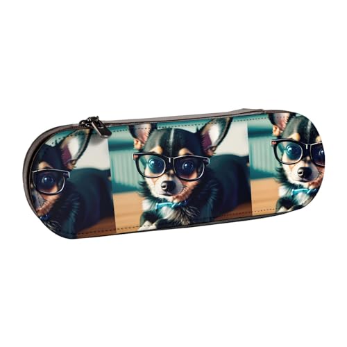 WURTON Stylisches Federmäppchen aus Leder mit Chihuahua-Hundebrille. Kompaktes und vielseitiges Stifteetui aus Leder von WURTON
