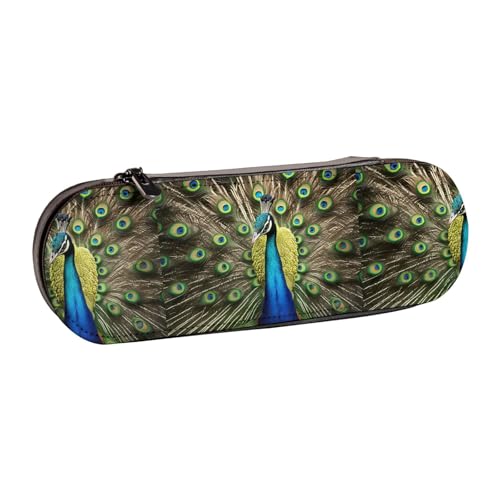 WURTON Stylisches Federmäppchen aus Leder mit Pfauenfeder-Druck, kompakt und vielseitig, Stifteetui aus Leder von WURTON