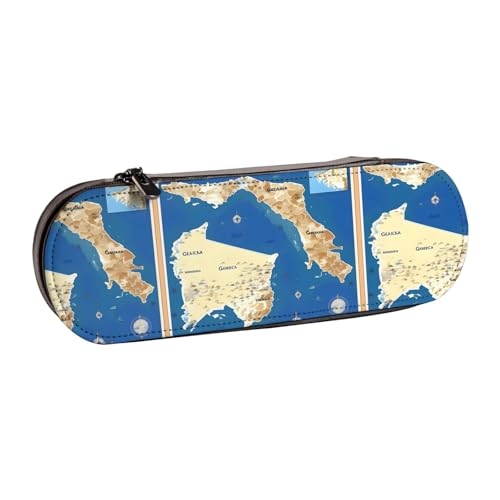 WURTON Stylisches Leder-Federmäppchen mit Griechenland-Kartendruck, kompakt und vielseitig, Stifteetui aus Leder von WURTON