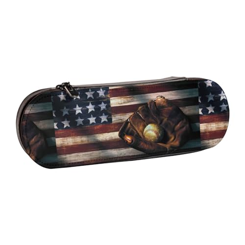 WURTON Stylisches Leder-Federmäppchen mit amerikanischer Flagge, Baseball-Druck, kompakt und vielseitig, Stifteetui aus Leder von WURTON