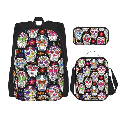 WURTON Sugar Skulls Print Rucksack Mädchen Jungen Schultaschen Teenager Lunchbox und Federmäppchen 3 in 1 Büchertaschen Set von WURTON