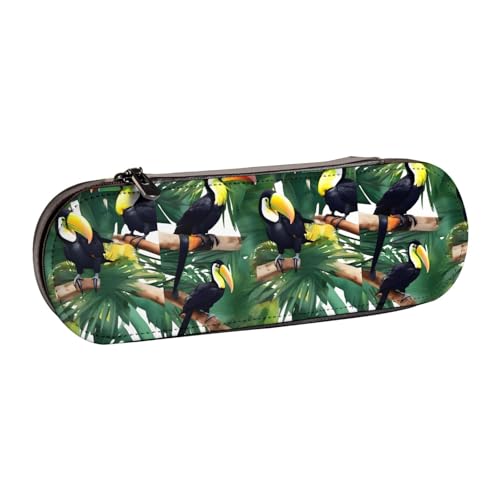 WURTON Tukane Papagei Palme Blätter Druck Vintage Leder Federmäppchen - Schickes kompaktes Leder-Federmäppchen Etui Federmäppchen von WURTON