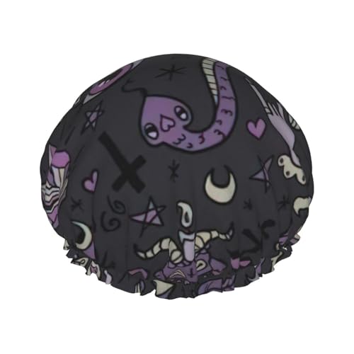 WURTON Violette schwarze Gothic-Duschhaube mit gruseligem Druck, leichte Duschhaube für Damen, doppelte wasserdichte Schichten, Bademütze – atmungsaktiv von WURTON