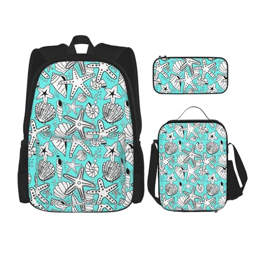 WURTON Wunderschöner Rucksack mit Seestern-Aufdruck, für Mädchen und Jungen, Schulranzen, Lunchbox und Federmäppchen, 3-in-1-Büchertaschen-Set von WURTON