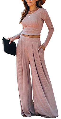 WUSENST Weites Bein Hose Anzüge für Frauen Elegant 2-teilig Solide Outfits Langarm Crop Top Hohe Taille Lange Hose mit Taschen - Pink - Klein WUSENST Weites Bein Hose Anzüge für Frauen Elegant 2-teilig Solide Outfits Langarm Crop Top Hohe Taille Lange Hose mit Taschen - Pink - Klein von WUSENST