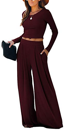 WUSENST Weites Bein Hose Anzüge für Frauen Elegant 2-teilig Solide Outfits Langarm Crop Top Hohe Taille Lange Hose mit Taschen - Rot - Klein von WUSENST