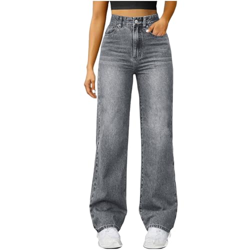 Damen Straight Leg Jeans Baggy Lang Weites Bein Jeanshosen High Waist Bequeme Oversize Denimhose mit Knopfleiste Taschen Loose Boyfriend Stretch Jeans Streetwear Elegant Jeanshose Passform für Wandern von WUSENTOF