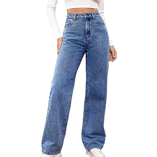 Damen Straight Leg Jeans Baggy Lang Weites Bein Jeanshosen High Waist Bequeme Oversize Denimhose mit Knopfleiste Taschen Loose Boyfriend Stretch Jeans Streetwear Elegant Jeanshose Passform für Wandern von WUSENTOF
