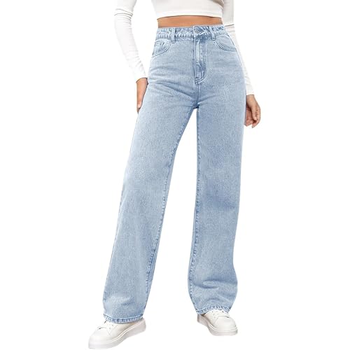 WUSENTOF Baggy Jeans Damen Straight Leg Weites Bein Jeanshosen High Waist Lang Stretch Jeans Bequeme Oversize Denimhose mit Knopfleiste Taschen Boyfriend Streetwear Jeanshose Passform für Wandern von WUSENTOF