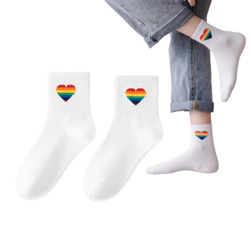 WUSJCOF 1 Paar Schwule Stolz Sportsocken Unisex LGBTQ Accessoires - Socken Männer und Frauen Bunte Flagge Pride Regenbogen (Weiß, Regenbogen) von WUSJCOF