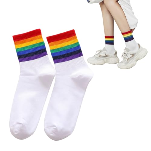 WUSJCOF 1 Paar Schwule Stolz Unisex LGBTQ Sportsocken Herren Damen - Bunte Flagge Pride Accessoires Regenbogen Geschenke (Weiß, Regenbogen) von WUSJCOF