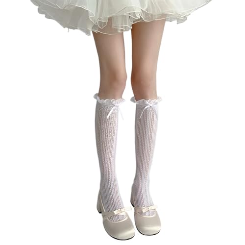 WUSJCOF 1 Paar Trachten Kniestrümpfe Dirndlstrümpfe,Hochzeit Trachtenfest Oktoberfest Volksfest Tracht Lolita Netzstrümpfe Oberschenkel Hohe Socken Herz Gestreifte Spitze Rüschen Overknee Strümpfe von WUSJCOF