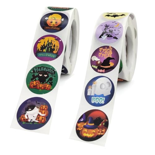 WUSJCOF 1000 Stück Halloween Sticker Rolle für Kinder Halloween Aufkleber mit Kürbis Geister Fledermaus Spinnen Deko für Party DIY Süßes oder Saures von WUSJCOF