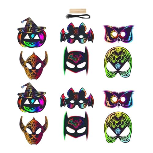 WUSJCOF 12 pcs Halloween Kratzbilder, Magische Scratch Crafts Kinder Set mit Bändern Kratzstift, Scratch Art zum Basteln für Allerheiligenfest Party Deko DIY Handwerk (Bunte Regenbogen) von WUSJCOF