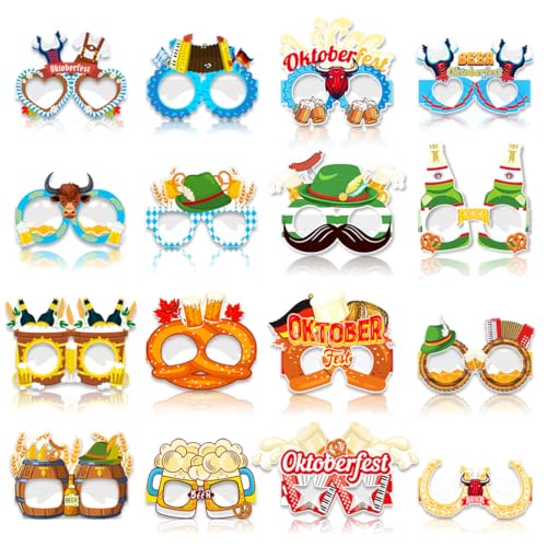 WUSJCOF 16 Stück Oktoberfest Partybrille lustig Papier Brillen Bier Brezel Wurst Photo Booth fotorequisiten für Kinder Erwachsene Bayrisch Wiesn Kostüm Dekoration Party deko von WUSJCOF
