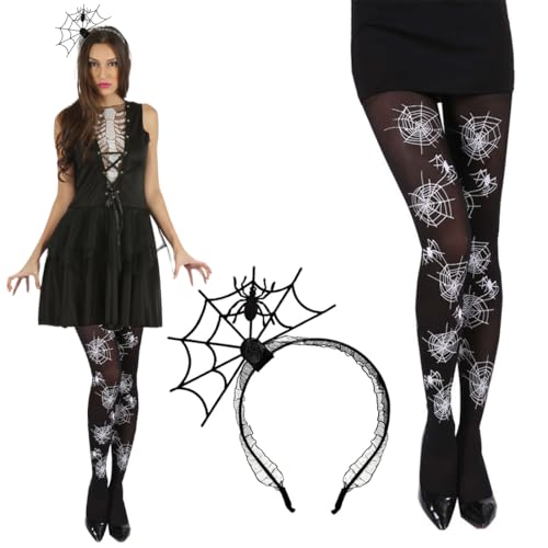 WUSJCOF 2 Stück Halloween Spinnenkostüm Damen Set, Spinnenweben strumpfhose, Spinnennetz strü Zubehör Set, Spinnen Gesichtstattoos, Fledermaus kostüm Damen, Fledermaus Masken Halloween Karneval Kostüm von WUSJCOF