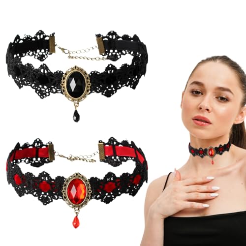 WUSJCOF 2 Stück Schwarz Choker Gothic Spitze Halsband Halskette Strass Tattoo Halsband Kragen Punk Spitze Choker Vampir Halsband mit Träne Anhänger für Damen Cosplay Party von WUSJCOF