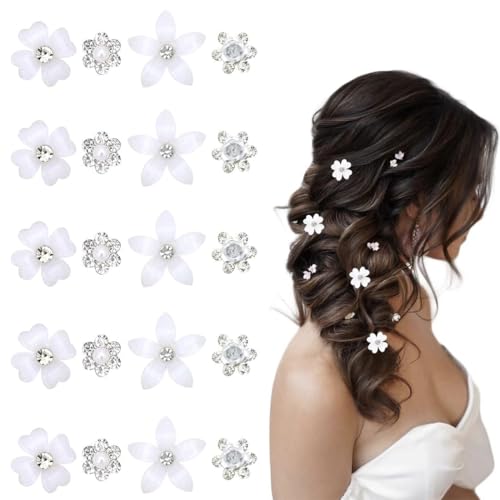 WUSJCOF 20 Stück Mini-Blumen-Haarspangen, süße Strass-Haarnadeln, kleine dekorative Hochzeits-Haarspangen, Braut-Haar-Accessoires für Mädchen und Frauen (Weiße Blumen) von WUSJCOF