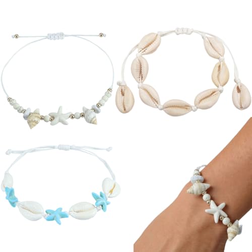 WUSJCOF 3 PCS Frauen Schmuck Set, Natürliche Muschel Halskette Armband, Bohemian Style Muschel-Armband von WUSJCOF