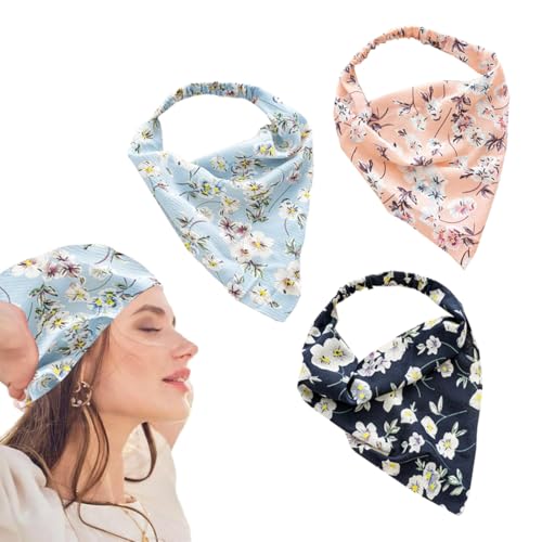 WUSJCOF 3 Stück Elastische Damen Kopftücher aus Chiffon mit Blumenmuster, Sommer Kopftücher für Strand und Alltag von WUSJCOF