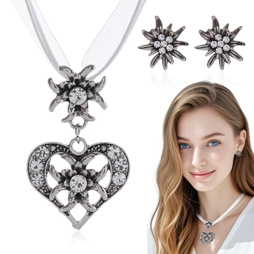 WUSJCOF 3 Stück Liebesherz-Halskette mit Strass-Edelweiß-Herz-Anhänger für Damen Oktoberfest-Traditionskleidungszubehör von WUSJCOF