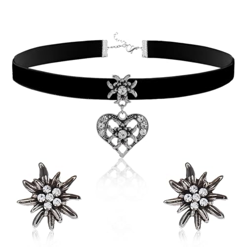 WUSJCOF 3 Stück Trachtenschmuck Set Damen Dirndlschmuck für Oktoberfest Trachtenkette mit Edelweiß Kropfband und Ohrstecker Samt Halskette mit Herz Anhänger Dirndl Accessoires von WUSJCOF