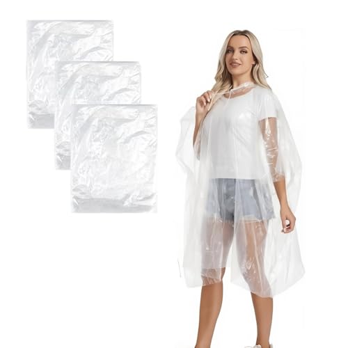 WUSJCOF 3 Stück Verdickung Wasserdicht Leichtgewichts Regenponcho Damen Herren mit Tunnelzug Kapuze(Transparent) von WUSJCOF