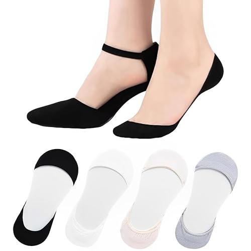 WUSJCOF 4 Paar Damen Füßlinge Unsichtbare Socken für High Heels, Baumwolle Ultra Low Cut Liner Unsichtbare Socken, Weiche Söckchen Ballerina Socken Sneaker Socken mit Rutschfest Silikon für Loafer von WUSJCOF