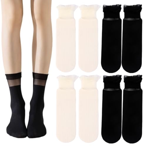WUSJCOF 4 Paar Dirndl Socken Damen mit Rüschen Spitze Söckchen für Oktoberfest Tracht Accessoires (Schwarz Weiß) von WUSJCOF