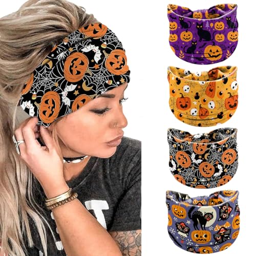 WUSJCOF 4 Stück Halloween Stirnband Damen Breit Elastisch Haarband für Frauen Mädchen Gruseliges Kürbis Kostüm Zubehör Herbst Haarschmuck von WUSJCOF