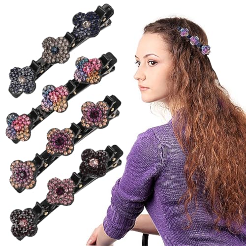 WUSJCOF 4 Stück Modische Doppelschicht Haarspange mit 3 Clips Kolibri Haarspange mit Kristallblume Geflochtene Haarspange Entenschnabel Haarklammer für Damen Frauen Mädchen von WUSJCOF