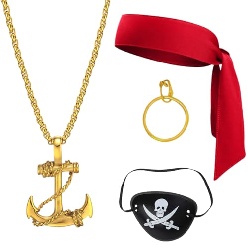 WUSJCOF 4 Stück Piraten Accessoires Set Damen Herren Kinder, Piratenkostüm Zubehör mit Augenklappe, Bandana, Kopftuch, Creolen und Halskette für Halloween, Karneval, Piratenparty WUSJCOF 4 Stück Piraten Accessoires Set Damen Herren Kinder, Piratenkostüm Zubehör mit Augenklappe, Bandana, Kopftuch, Creolen und Halskette für Halloween, Karneval, Piratenparty von WUSJCOF