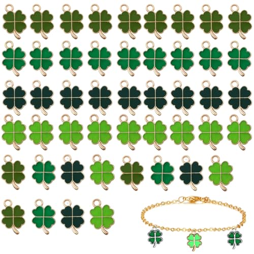 WUSJCOF 48 Stück Glücksbringer Vierblättriges Kleeblatt Metall Anhänger DIY Basteln Schmuck Ornamente Halsketten Zubehör Autoschlüsselanhänger Glück Schlüsselanhänger von WUSJCOF